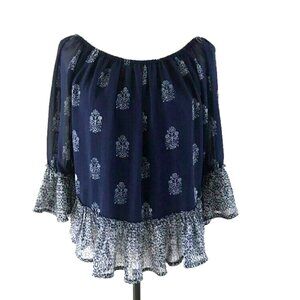 LUCKY BRAND Live in Love Boho Off The Shoulder Blouse Top Size Small Navy Blue